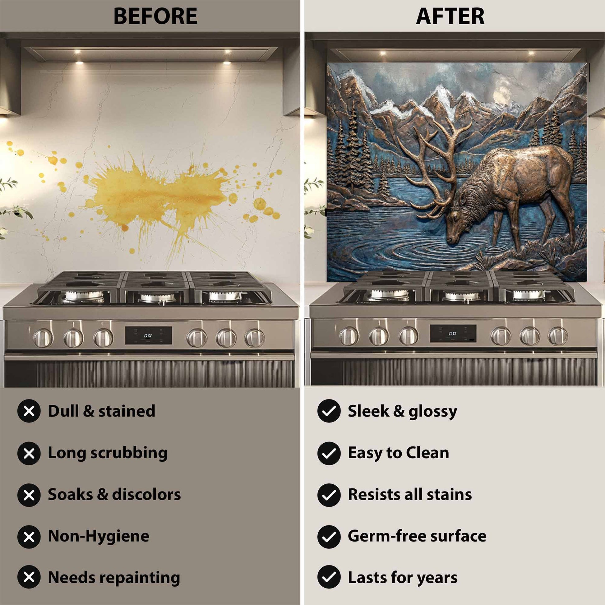Before and after comparison of a stove with a decorative glass backsplash