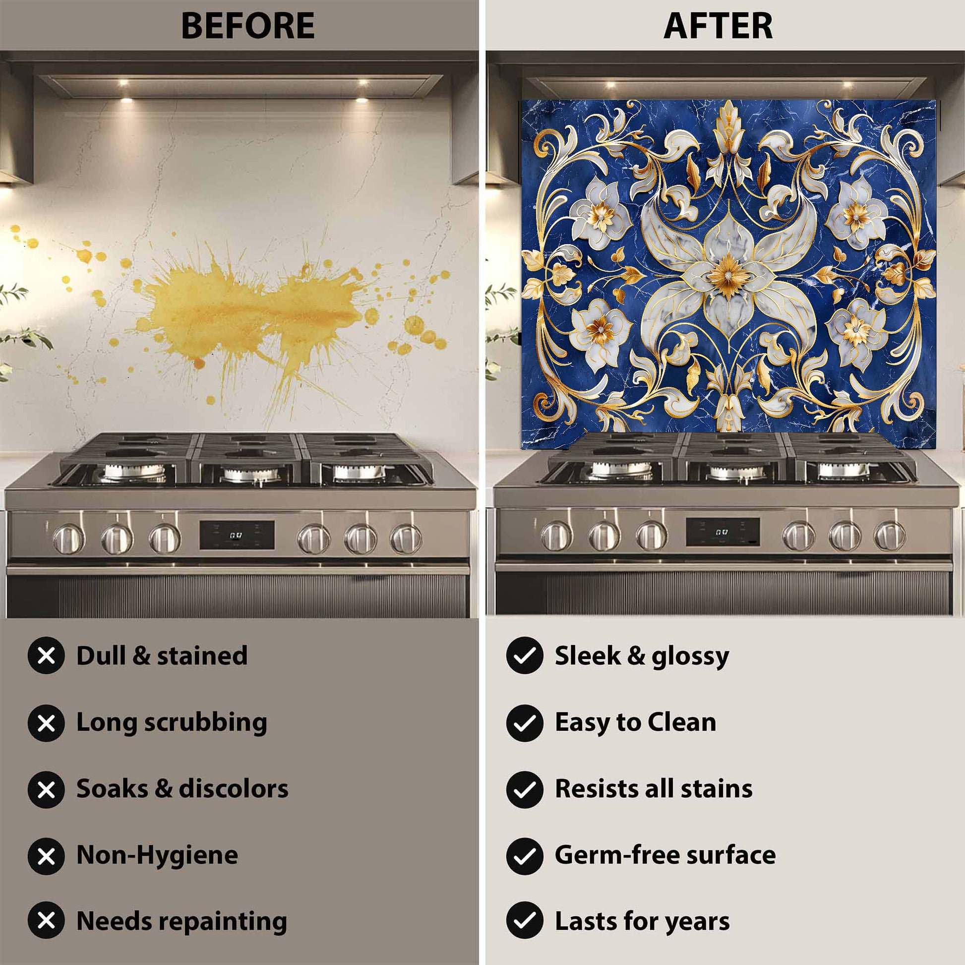 Before and after comparison of a stove with a decorative backsplash.