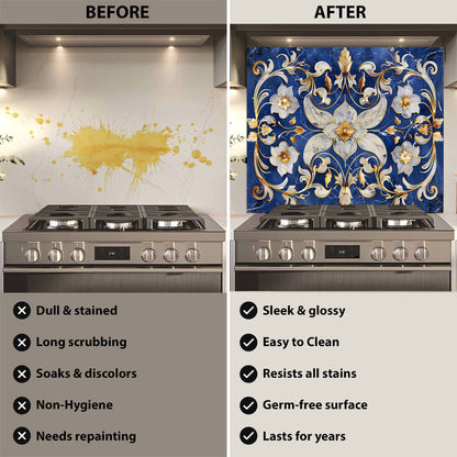 Before and after comparison of a stove with a decorative backsplash.