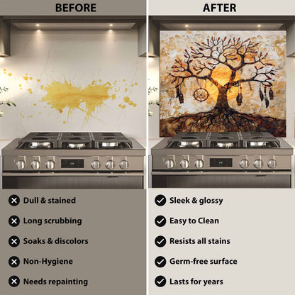 Before and after comparison of a kitchen stove with a glass backsplash.