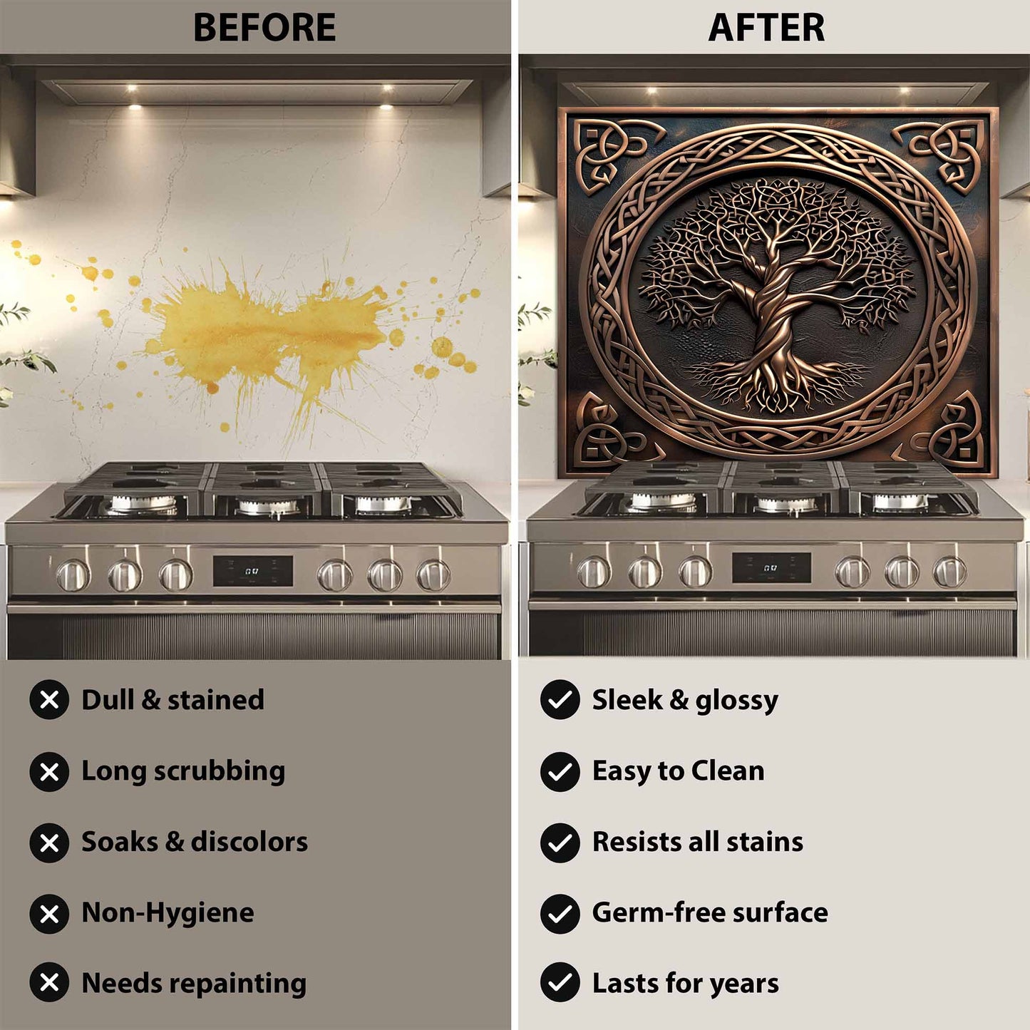 Before and after comparison of a stove with a decorative kitchen wall panel.