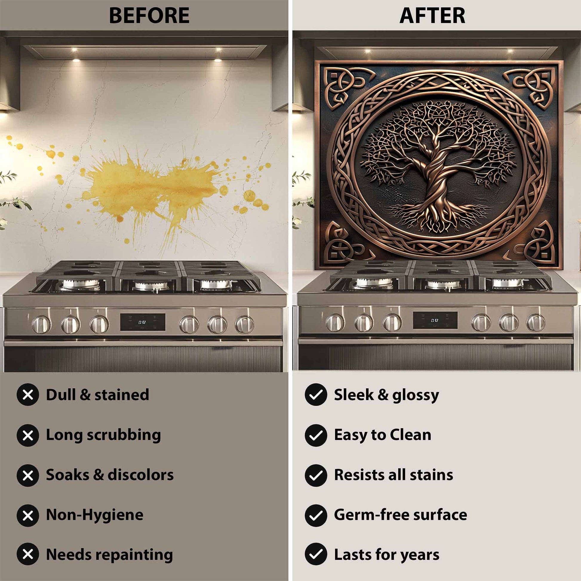 Before and after comparison of a stove with a decorative kitchen wall panel.