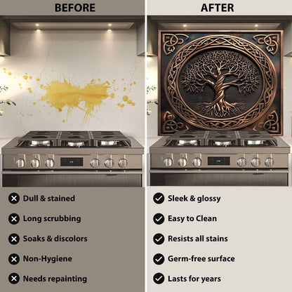 Before and after comparison of a stove with a decorative kitchen wall panel.