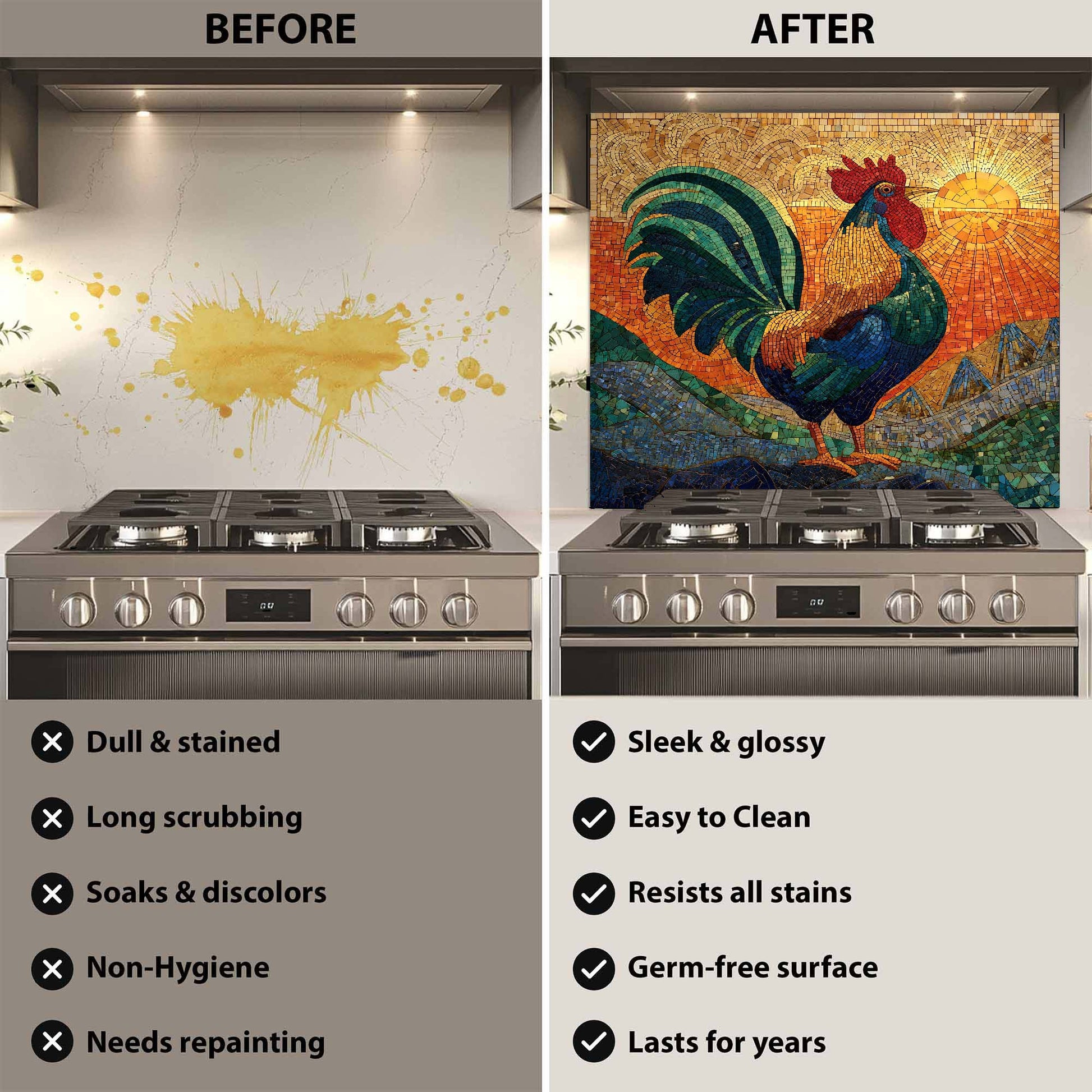 Golden sunrise rooster mosaic on tempered glass kitchen backsplash with blue and green waves