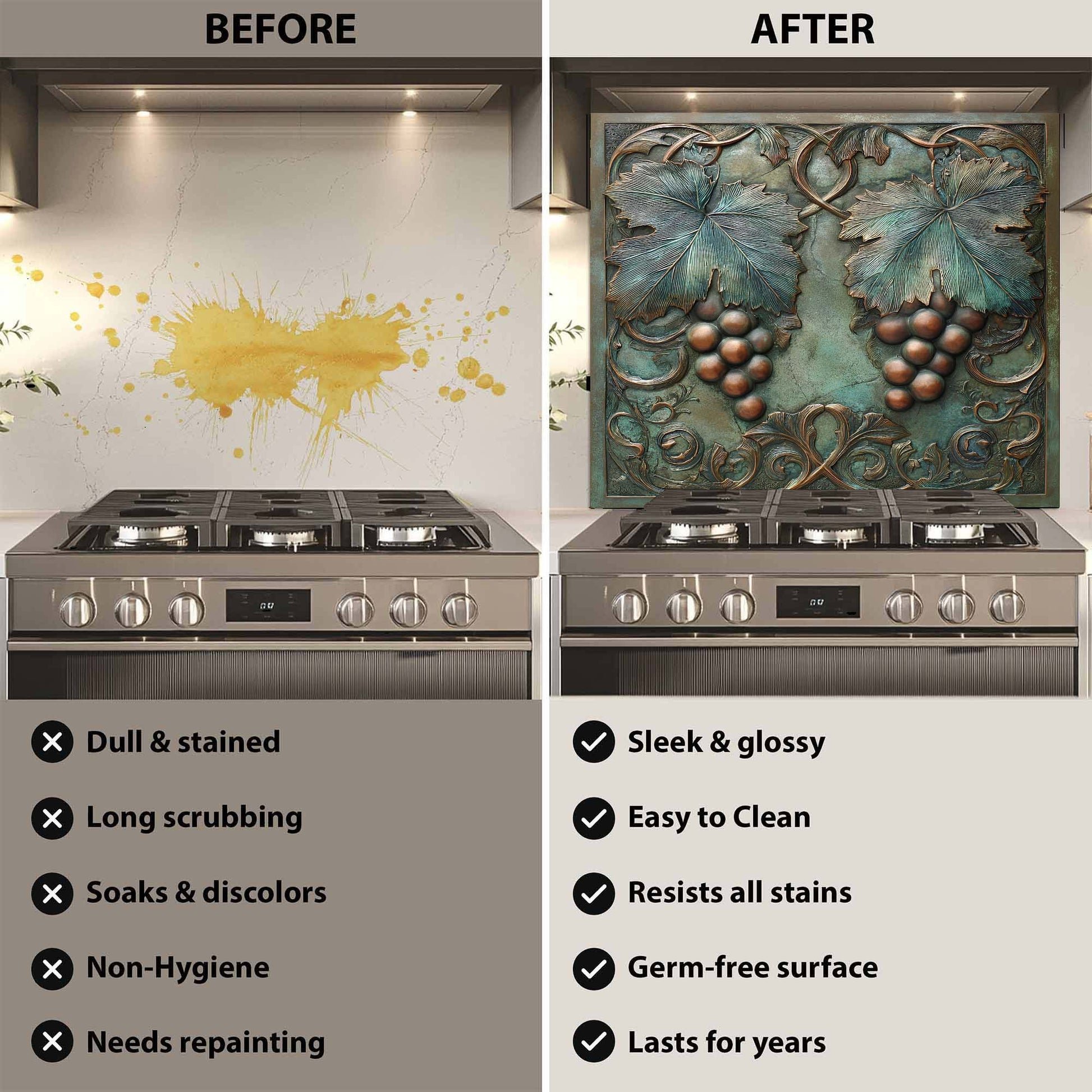 Before and after comparison of a stove with a decorative backsplash.