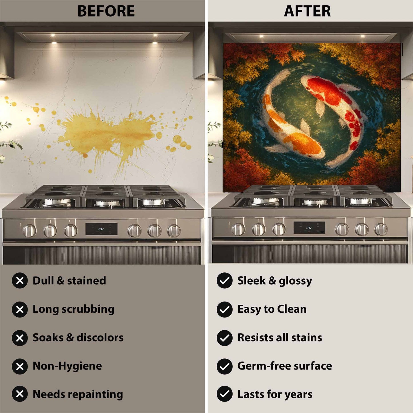 Before and after comparison of a kitchen stove with a decorative glass backsplash.