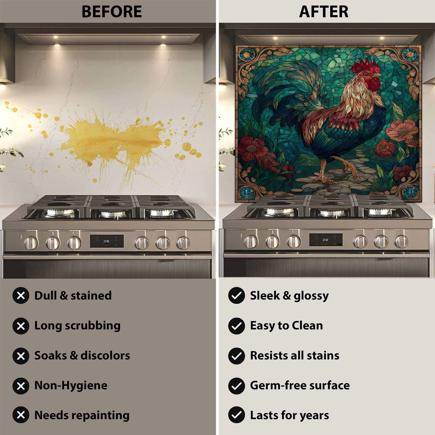 Before and after comparison of a kitchen stove with a decorative backsplash.
