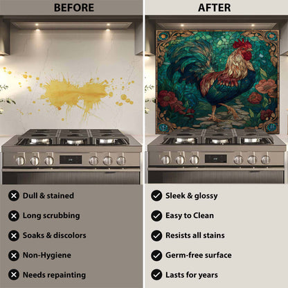 Before and after comparison of a kitchen stove with a decorative backsplash.
