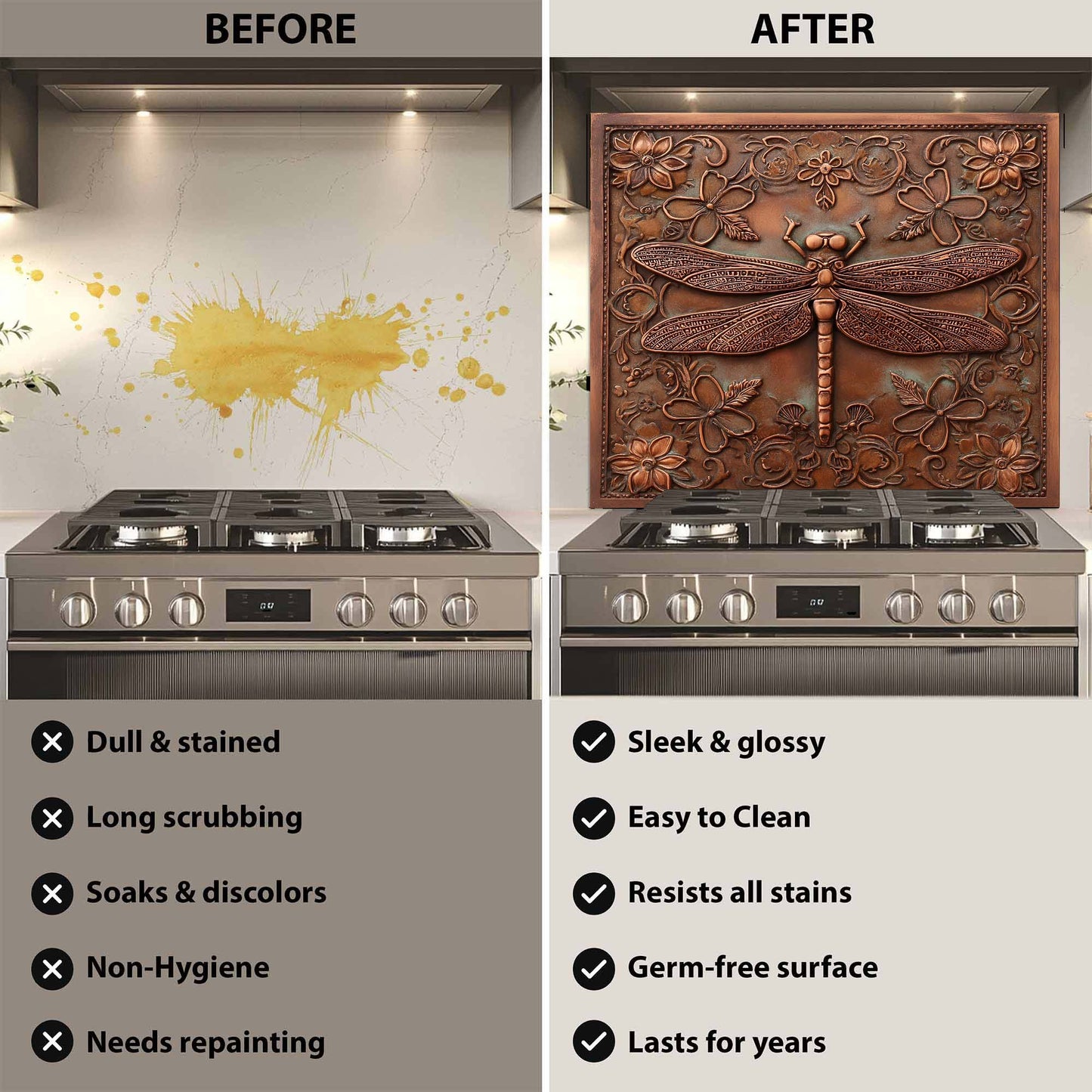 Before and after comparison of a stove with decorative glass backsplash above it.