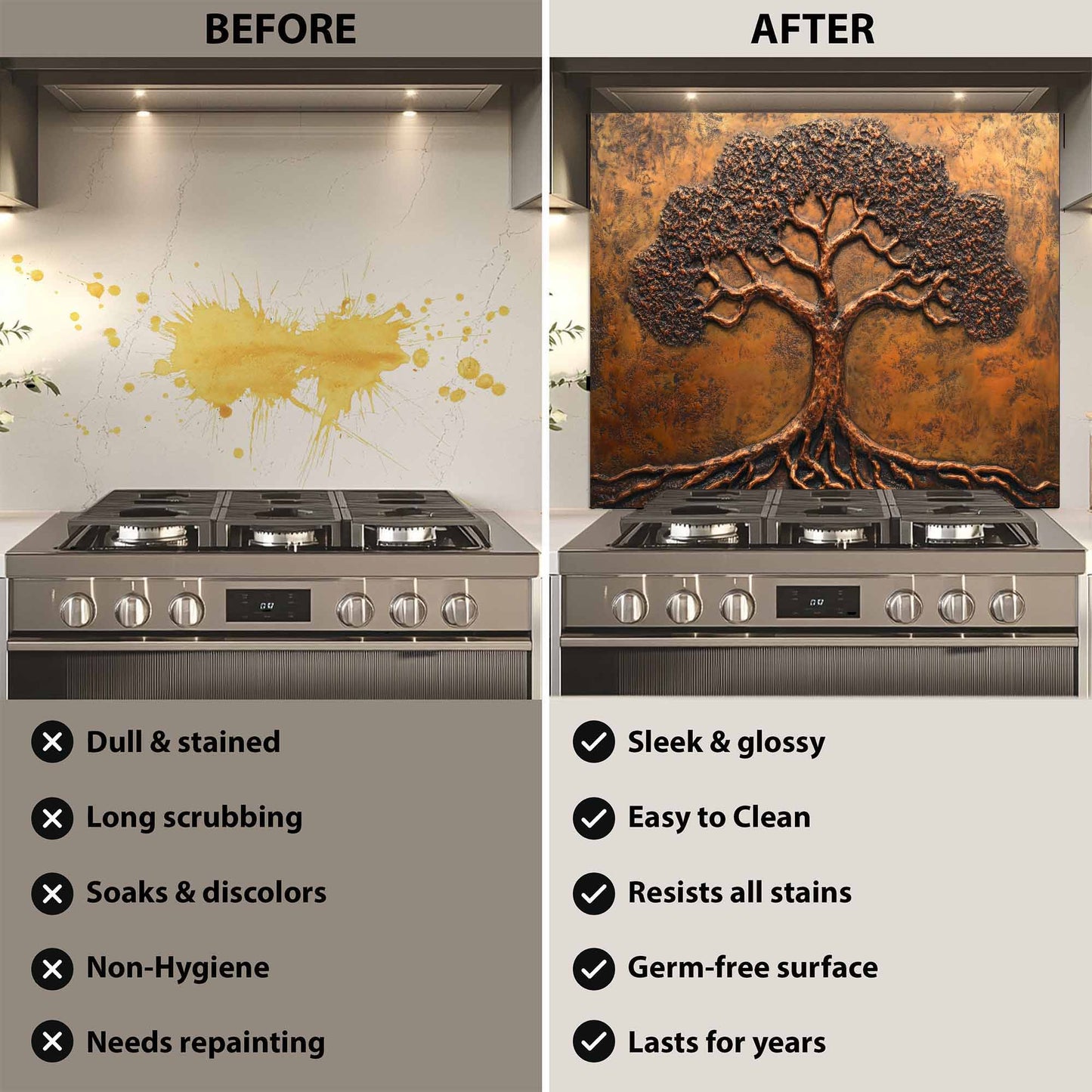 Before and after comparison of a kitchen stove with a decorative glass backsplash