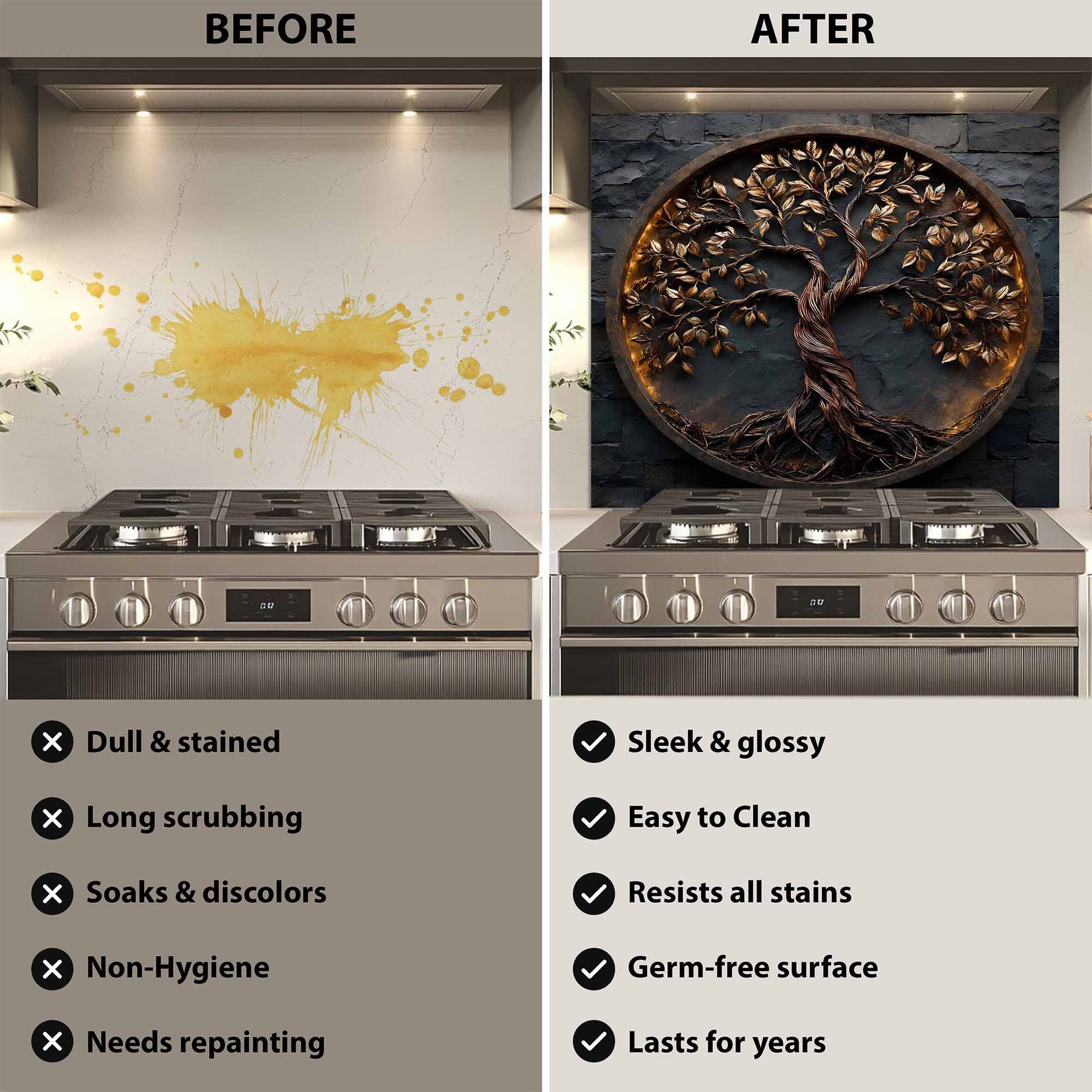 Before and after comparison of a kitchen stove with a decorative wall panel.