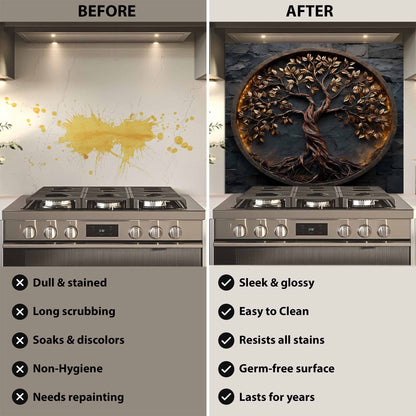 Before and after comparison of a kitchen stove with a decorative wall panel.