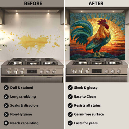 Before and after comparison of a kitchen stove with a decorative backsplash.