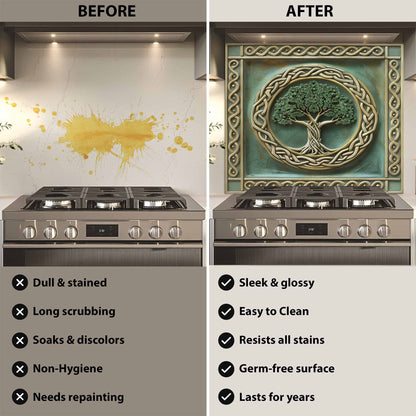 Before and after comparison of a kitchen stove with decorative glass backsplash.