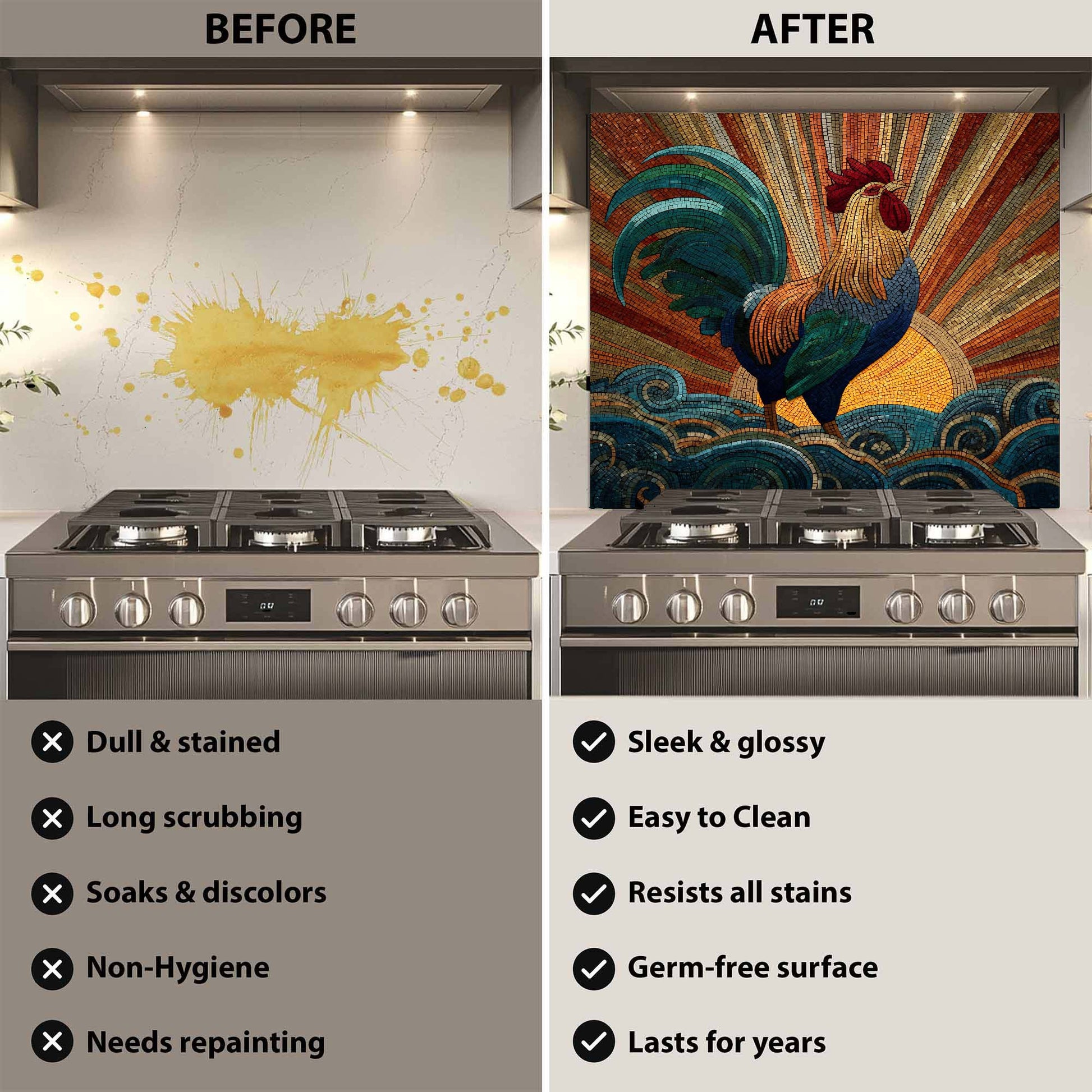 Mosaic rooster with radiant sunrise and swirling waves on tempered glass backsplash