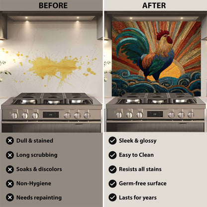 Mosaic rooster with radiant sunrise and swirling waves on tempered glass backsplash