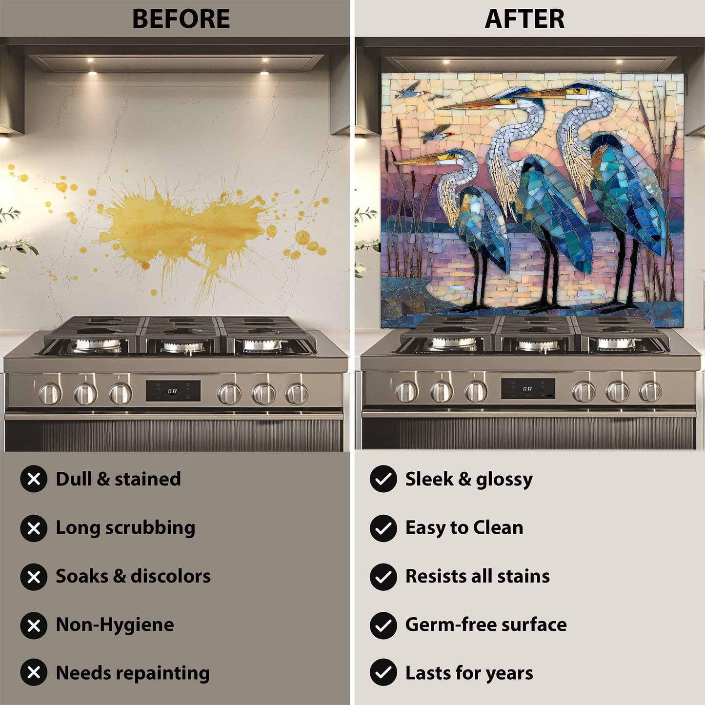 Before and after comparison of a stove with a decorative glass backsplash.