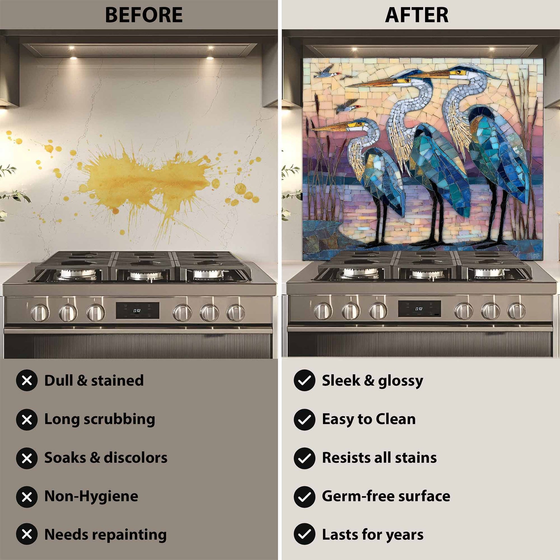 Before and after comparison of a stove with a decorative glass backsplash.
