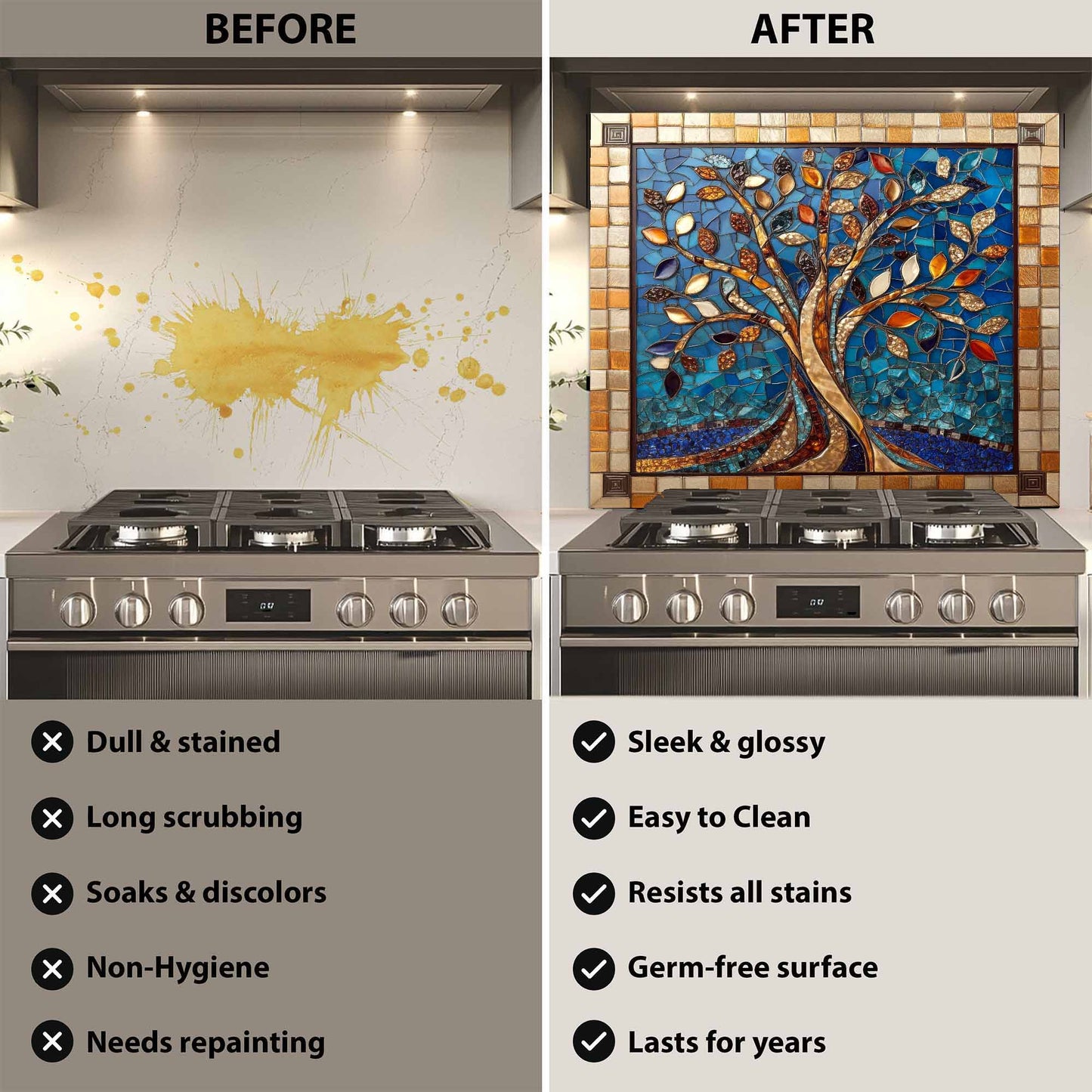Before and after comparison of a kitchen stove with a decorative glass backsplash.