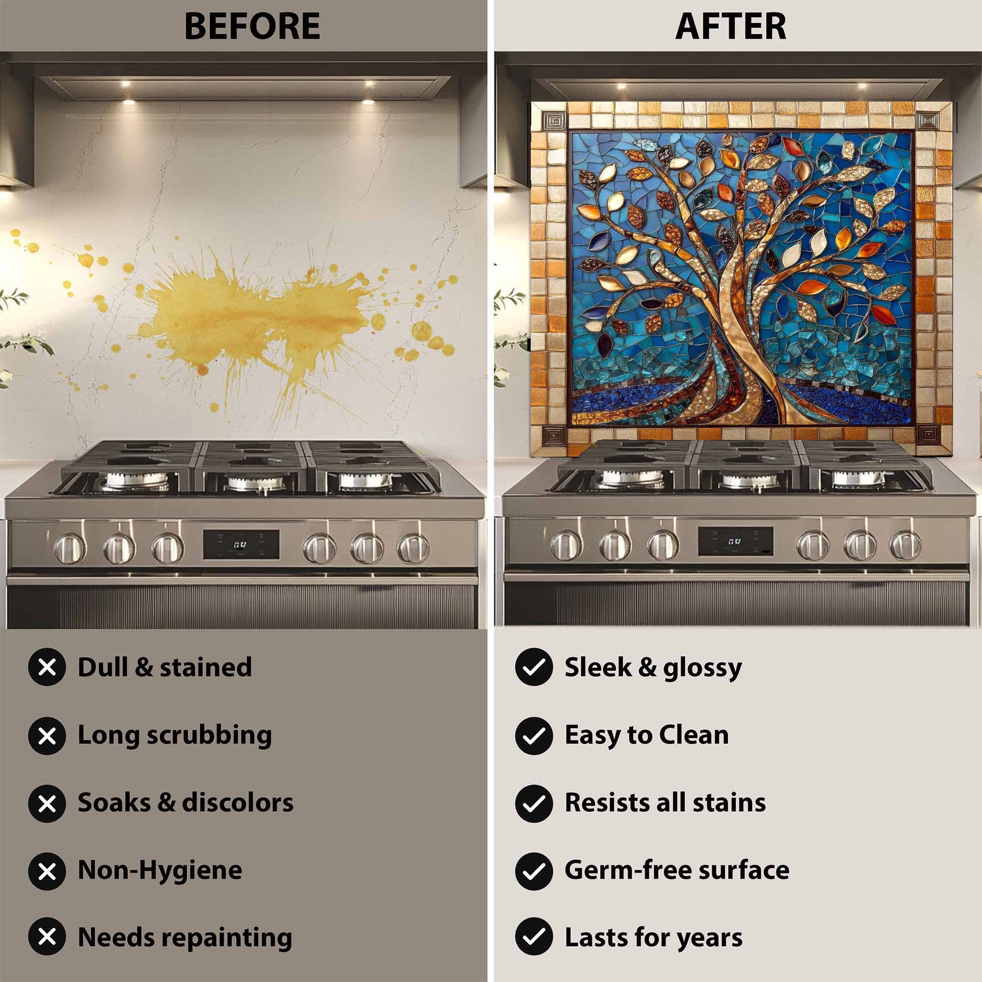 Before and after comparison of a kitchen stove with a decorative glass backsplash.