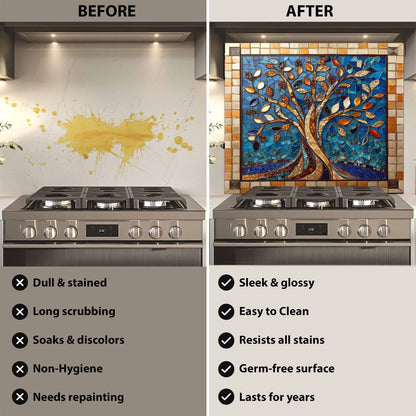 Before and after comparison of a kitchen stove with a decorative glass backsplash.