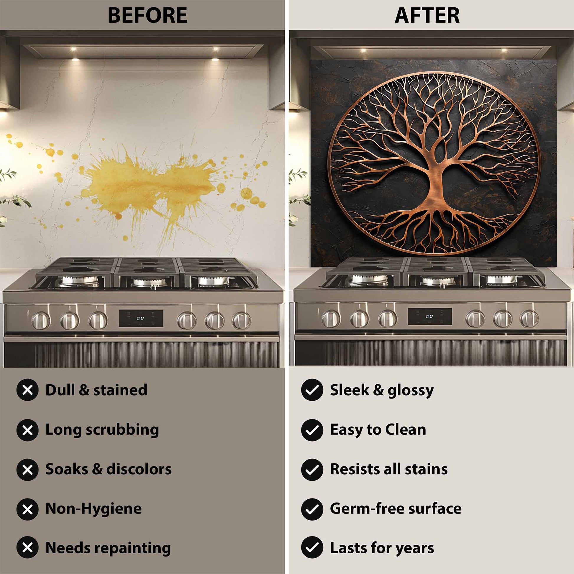Before and after comparison of a kitchen stove with a decorative wall panel.