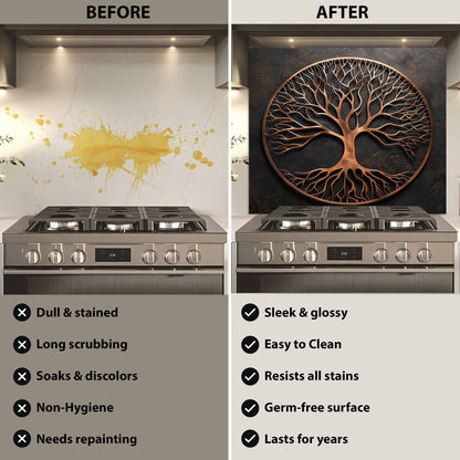 Before and after comparison of a kitchen stove with a decorative wall panel.