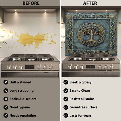Before and after comparison of a stove with a decorative glass backsplash.