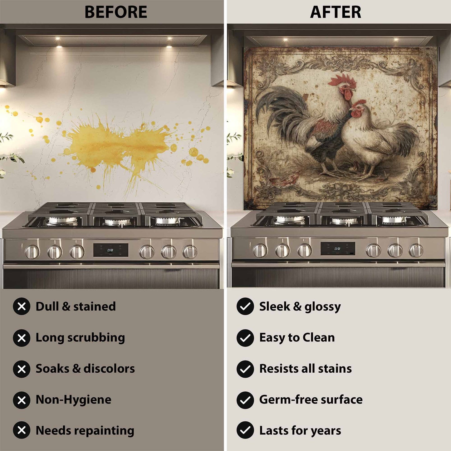 Before and after comparison of a stove with a decorative glass backsplash.
