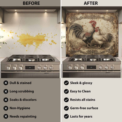 Before and after comparison of a stove with a decorative glass backsplash.