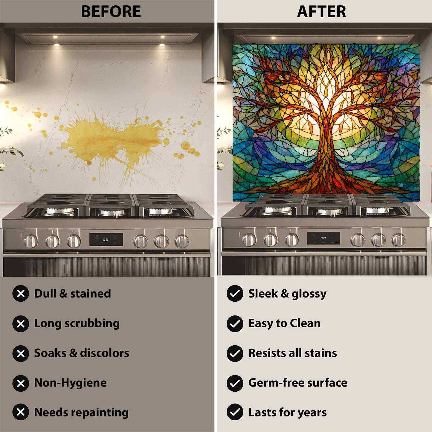 Before and after comparison of a kitchen backsplash with a colorful tree design.