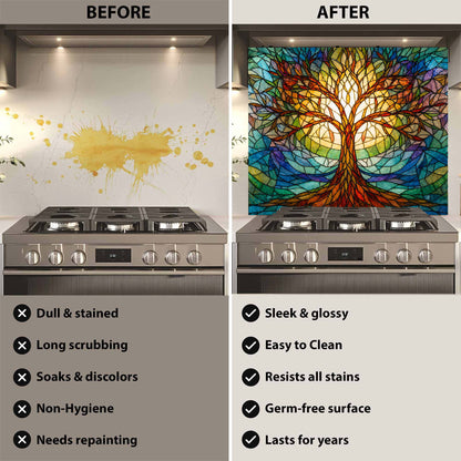 Before and after comparison of a kitchen backsplash with a colorful tree design.