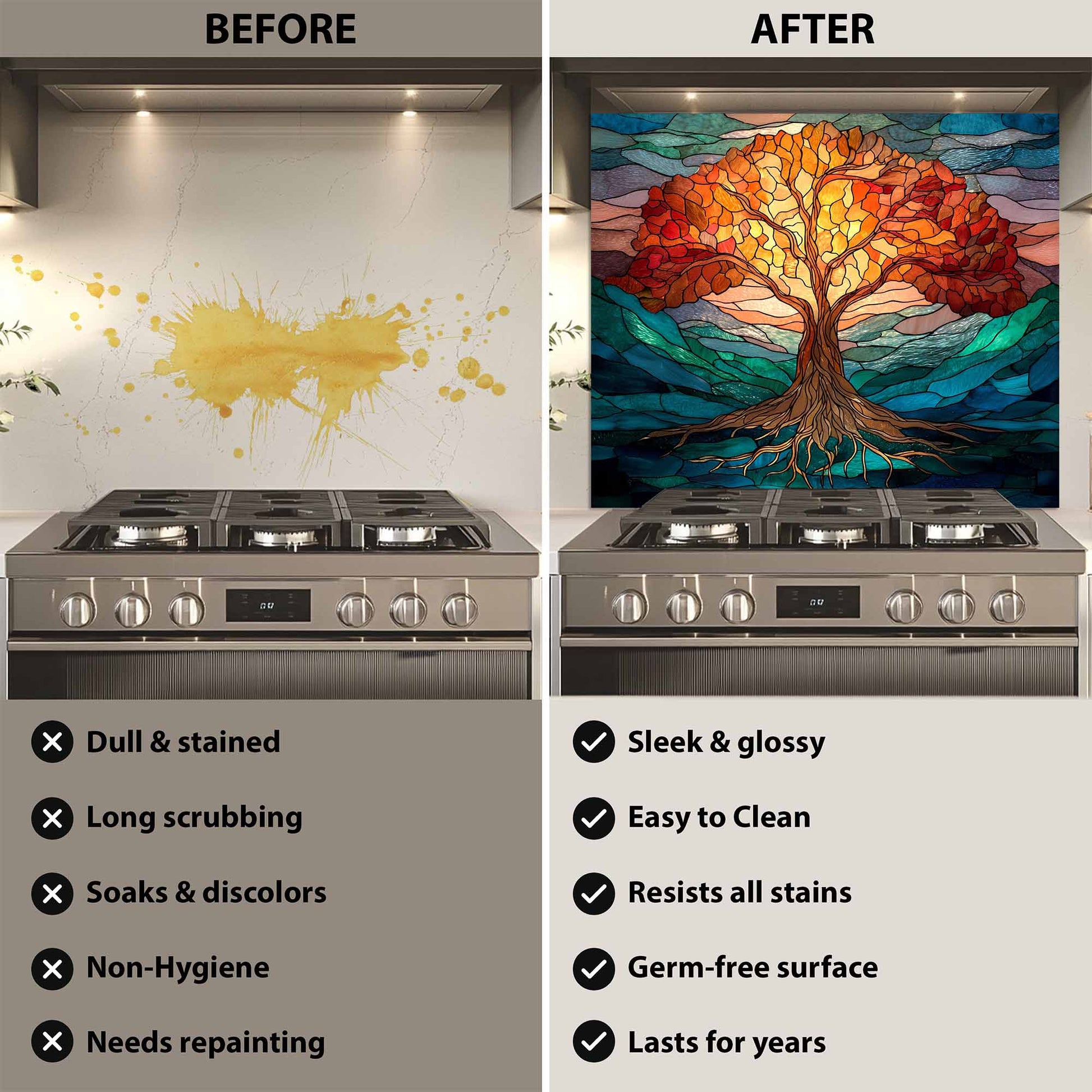 Before and after comparison of a kitchen stove with a decorative wall panel.