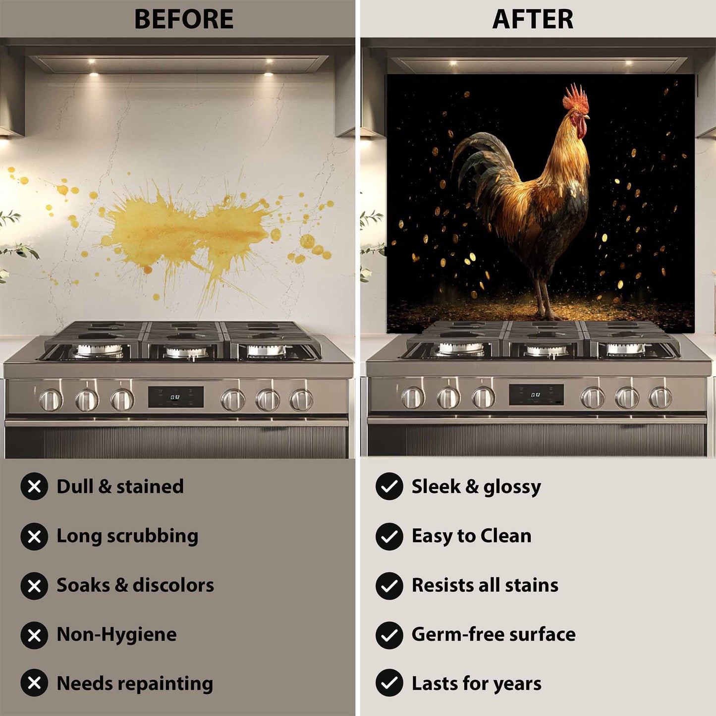 Before and after comparison of a kitchen stove with a decorative wall panel.