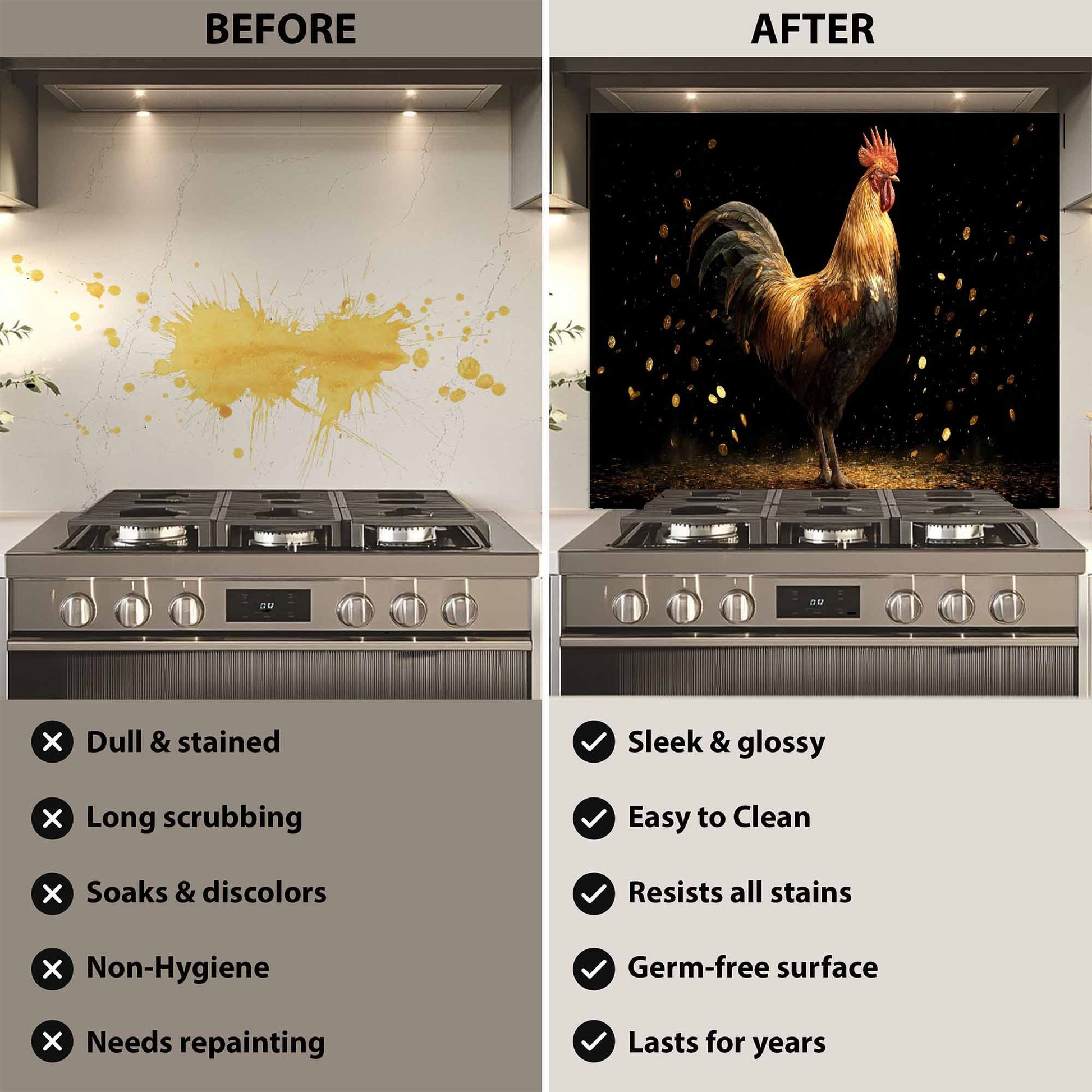 Before and after comparison of a kitchen stove with a decorative wall panel.