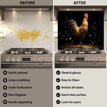 Before and after comparison of a kitchen stove with a decorative wall panel.