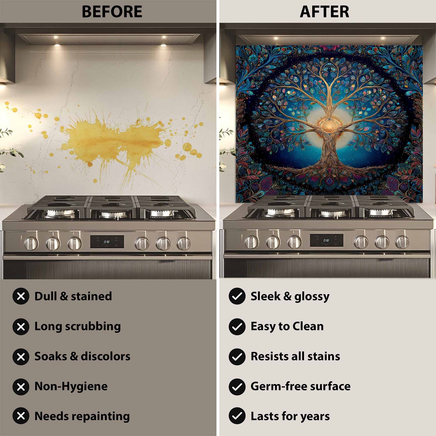 Before and after comparison of a kitchen stove with a decorative wall mural.