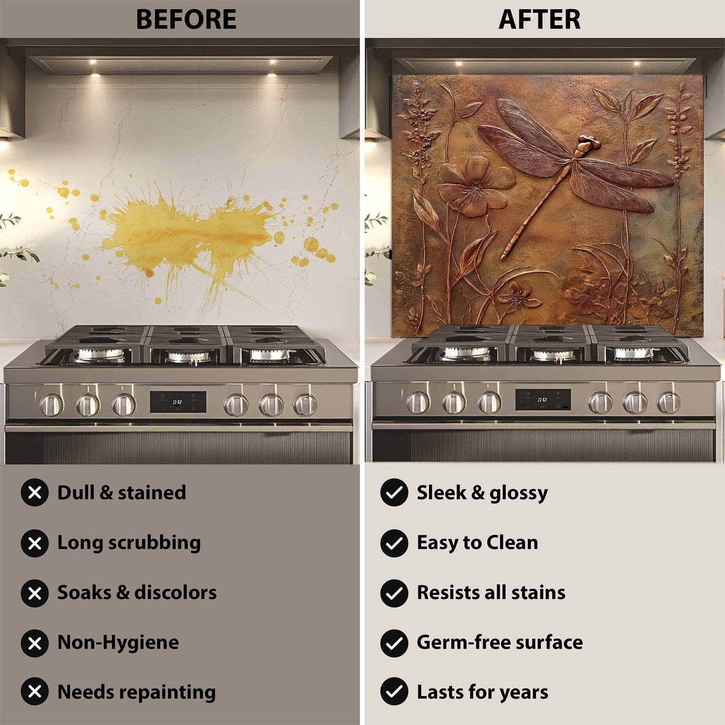 Before and after comparison of a stove with a decorative glass backsplash.
