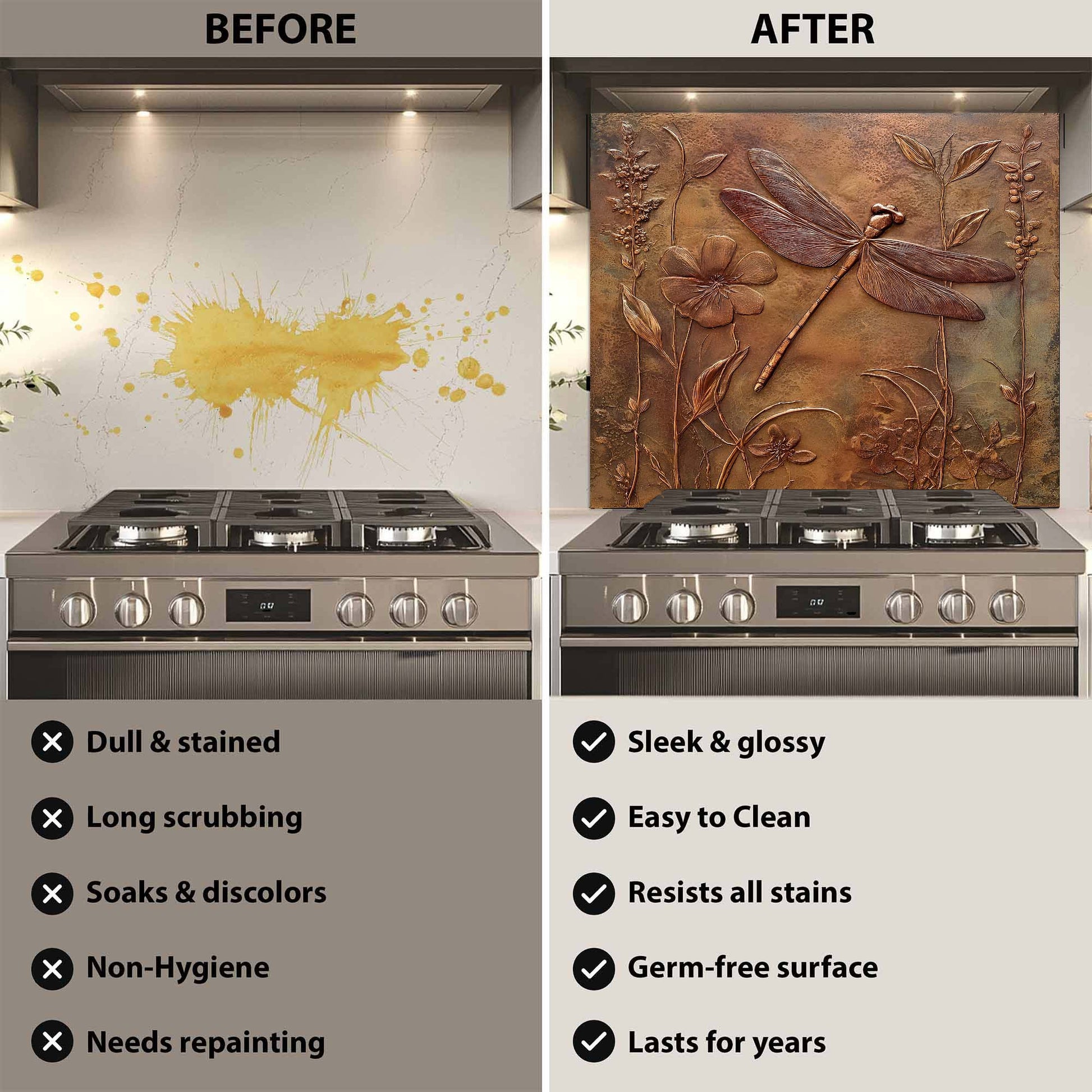 Before and after comparison of a stove with a decorative glass backsplash.