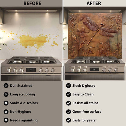 Before and after comparison of a stove with a decorative glass backsplash.