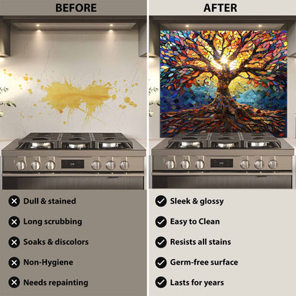 Before and after comparison of a kitchen stove with a decorative wall art installation.