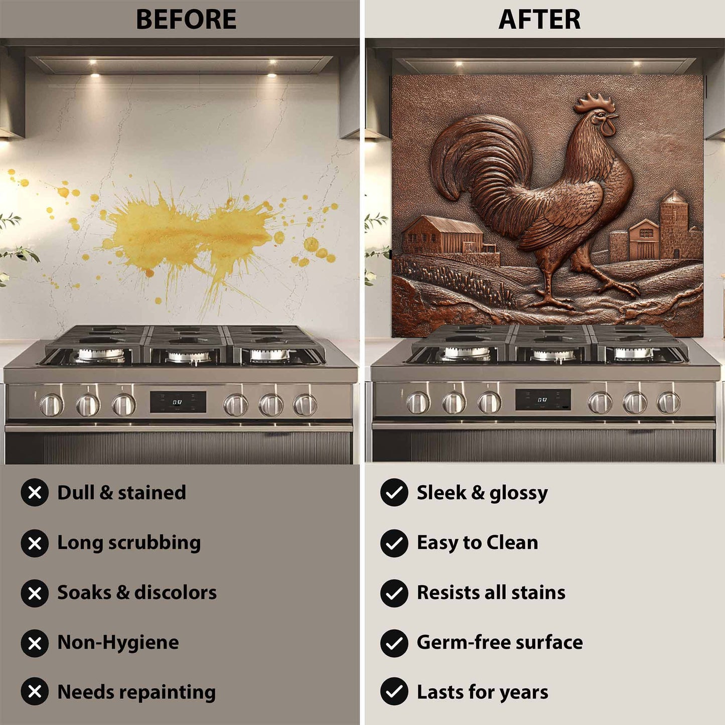 Before and after comparison of a stove with a decorative backsplash.