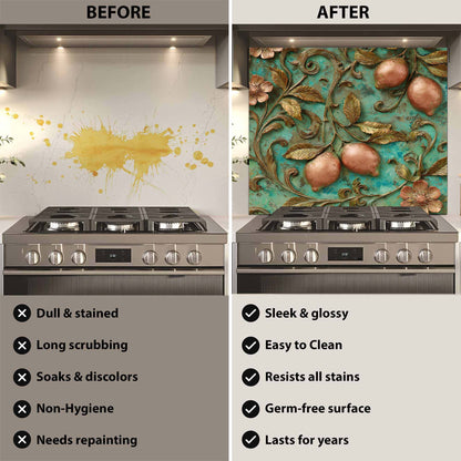Before and after comparison of a kitchen stove with a decorative backsplash.