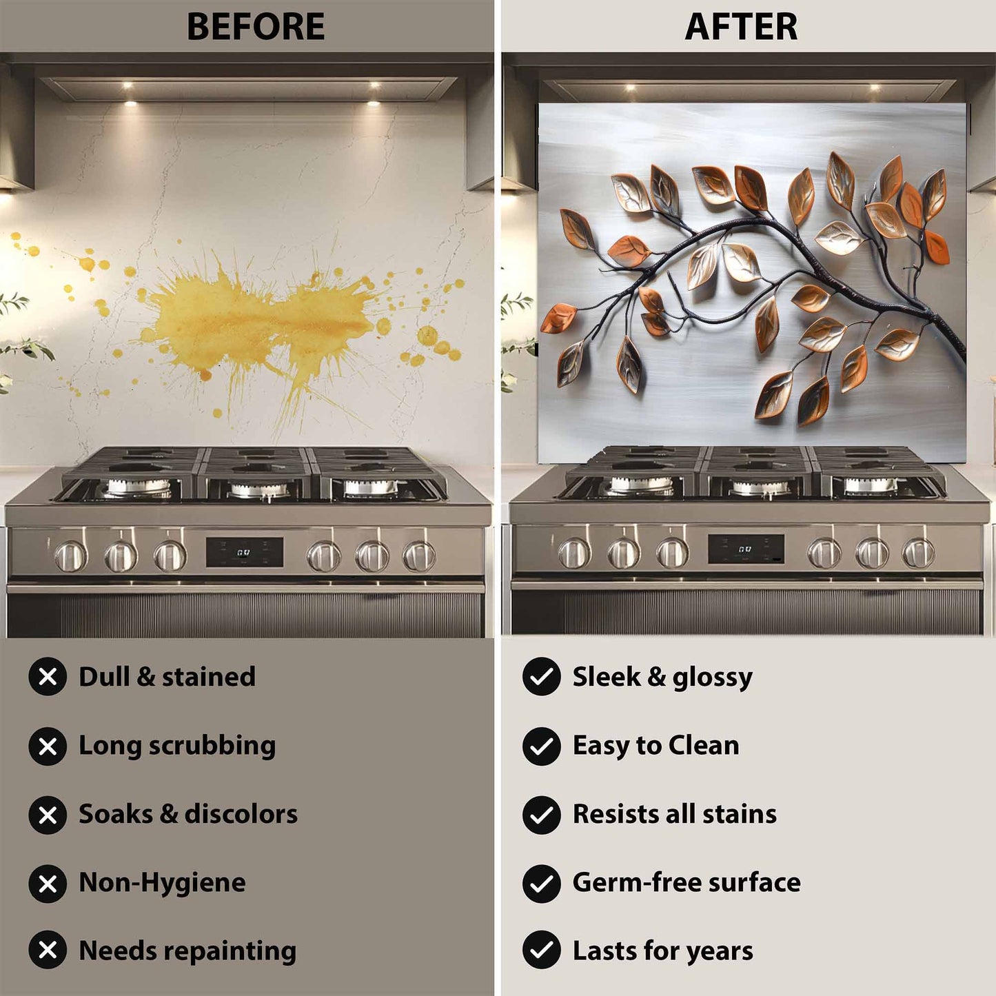Before and after comparison of a stove with a decorative glass backsplash.