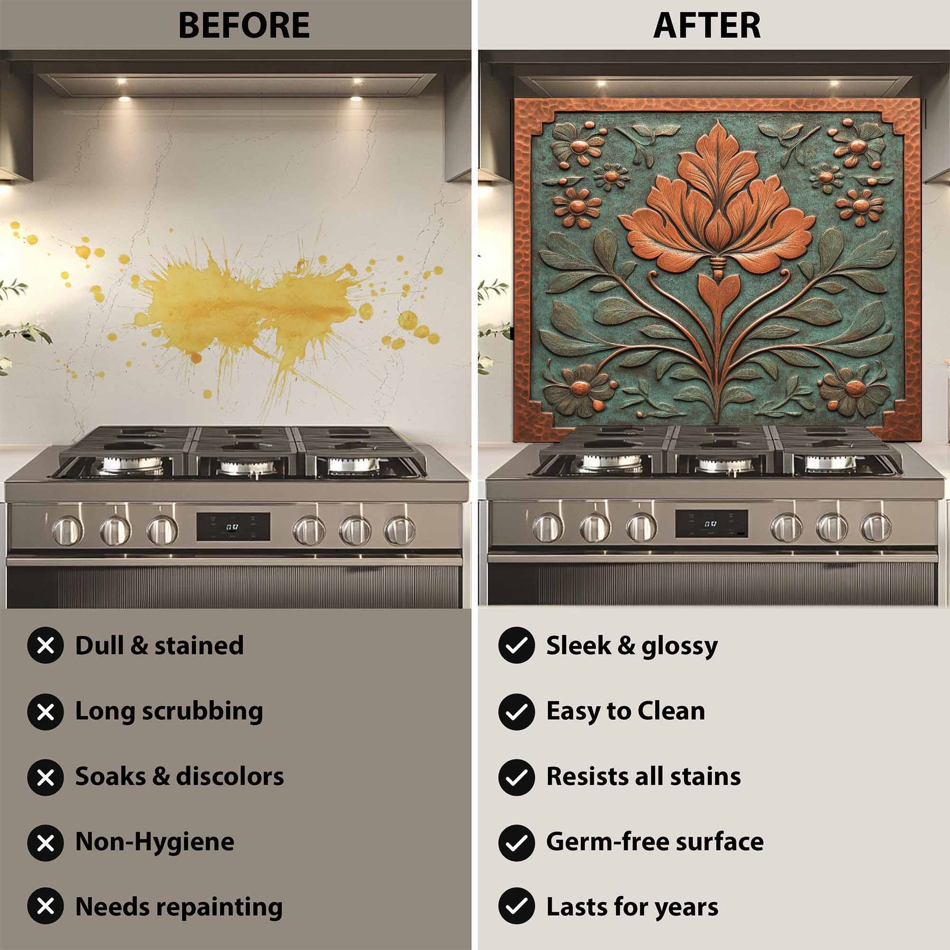 Before and after comparison of a stove with decorative glass backsplash above it.