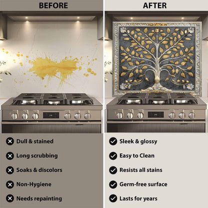 Before and after comparison of a kitchen stove with a decorative backsplash.