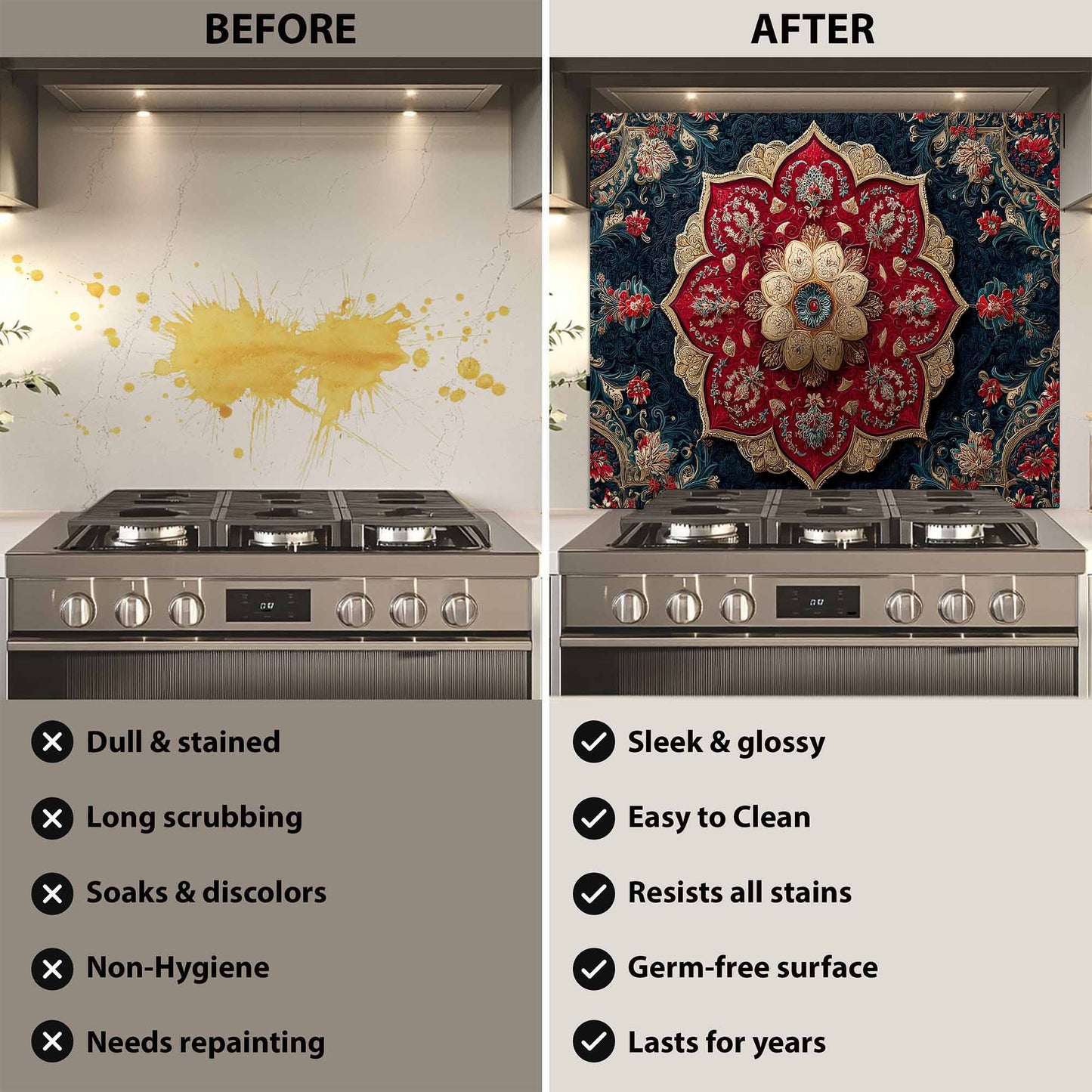 Before and after comparison of a stove with a decorative glass backsplash.