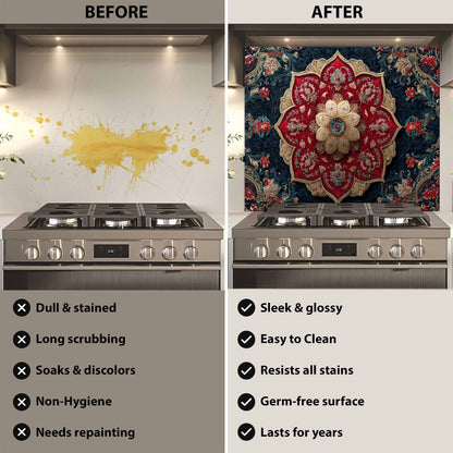 Before and after comparison of a stove with a decorative glass backsplash.