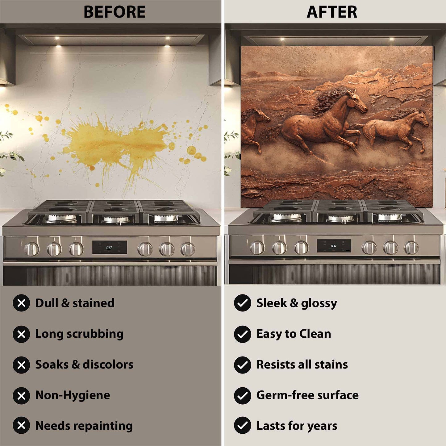 Before and after comparison of a stove with a decorative glass backsplash.