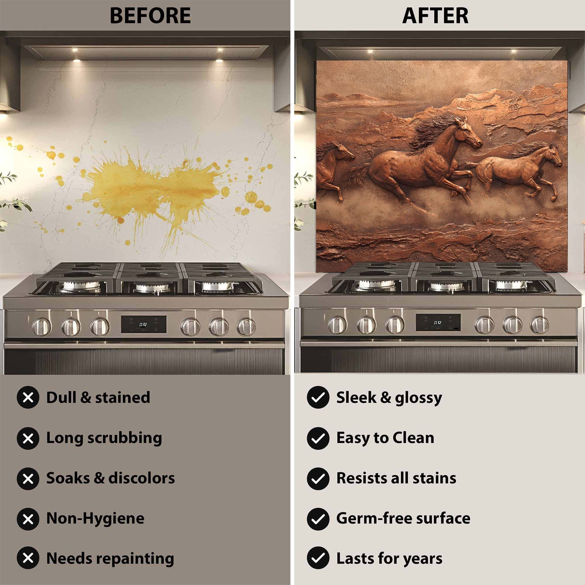 Before and after comparison of a stove with a decorative glass backsplash.
